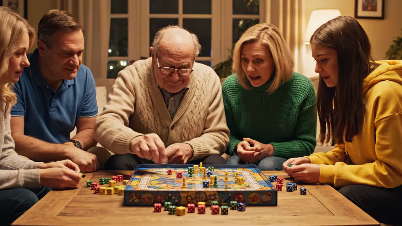 Felice famiglia multigenerazionale che gioca insieme a un gioco da tavolo in soggiorno
