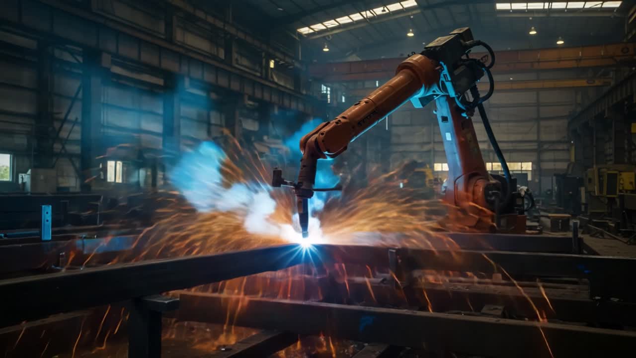 Advanced Robotic Welding in a High-Tech Workshop: Dynamic Sparks and Intense Flames Illustrate the Precision and Power of Automated Fabrication Techniques