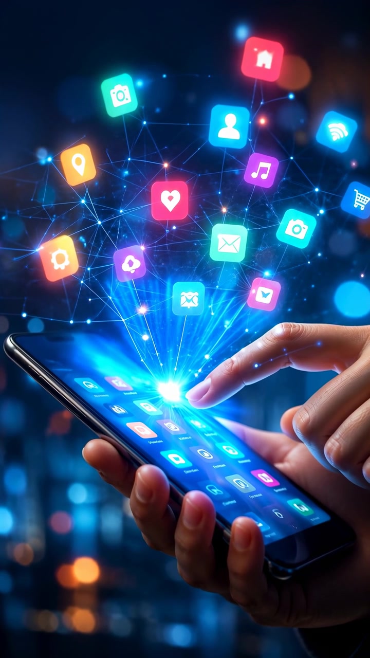 Hand Tapping Smartphone With Floating App Icons, Colorful Social And Service Symbols Rising From Screen,