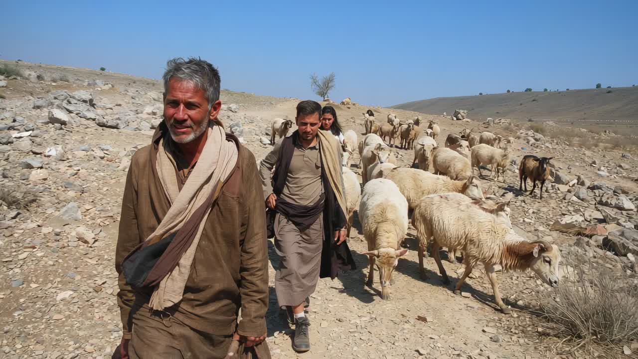 Starting lead shepherd leading flock along rocky hill, companions guiding grazing sheep with shawls