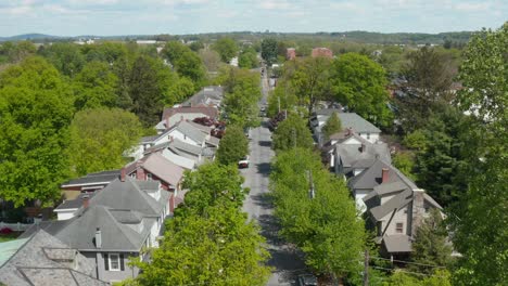 aerial of quiet neighborhood establishing shot in summer