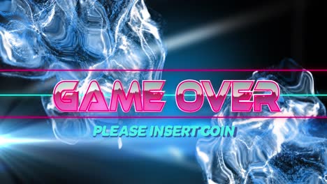 Animation-of-game-over-text-banner-over-blue-light-spot-and-digital-waves-against-black-background