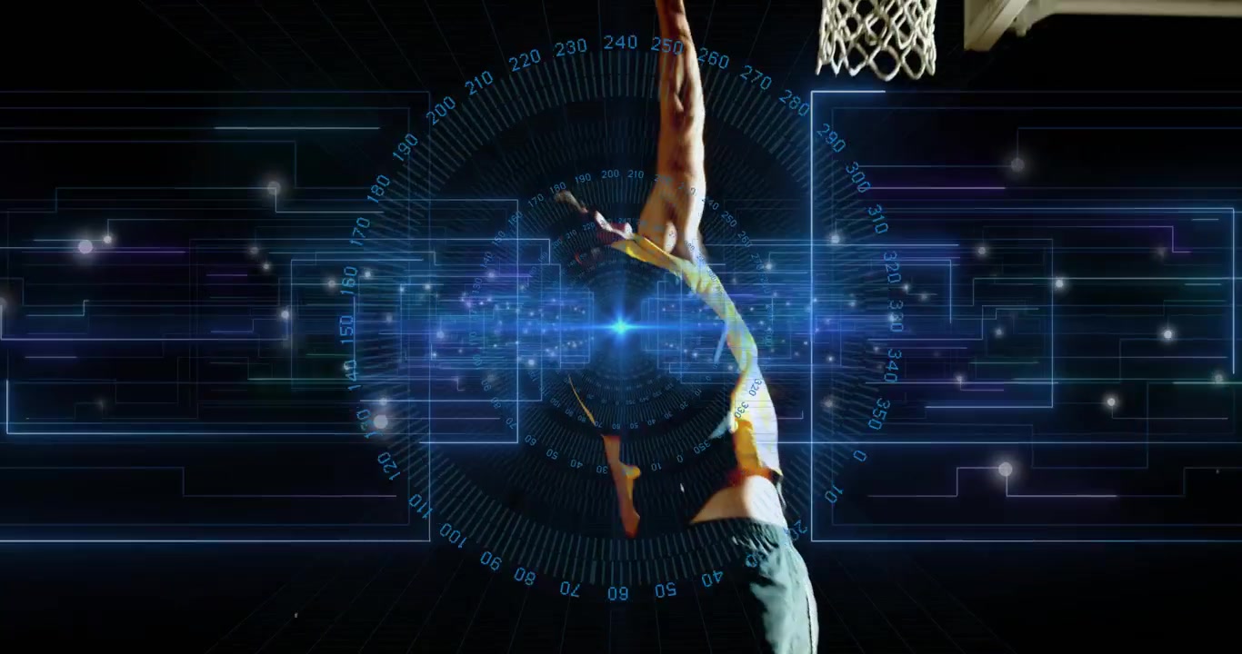Athlete running triggers data rings, holding orange ball and dunking to score through sports hoop