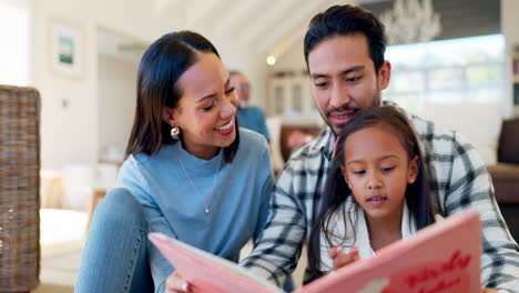 Glücklicher-Vater,-Mutter-Und-Kind,-Die-Buch-Lesen