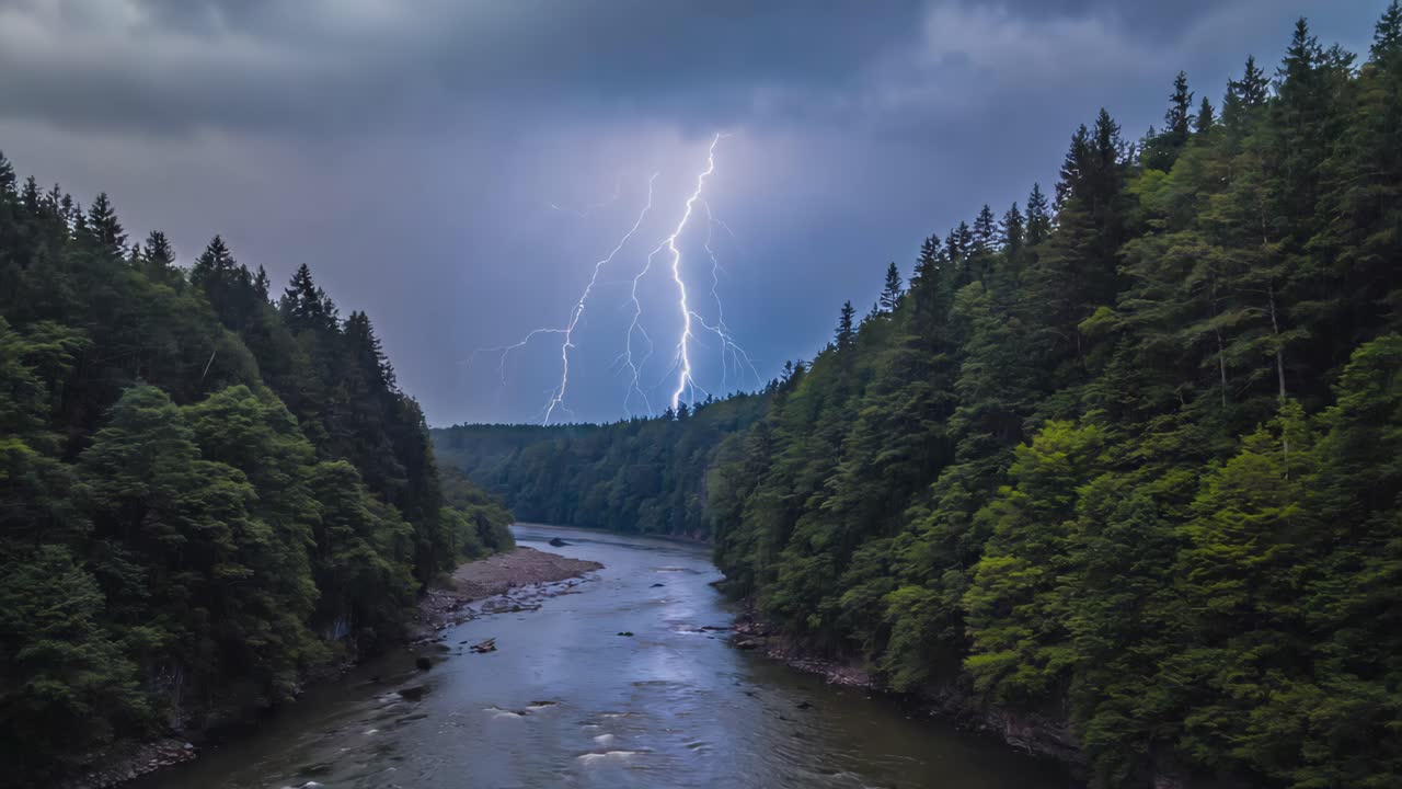 River flowing through a forest under a cloudy sky