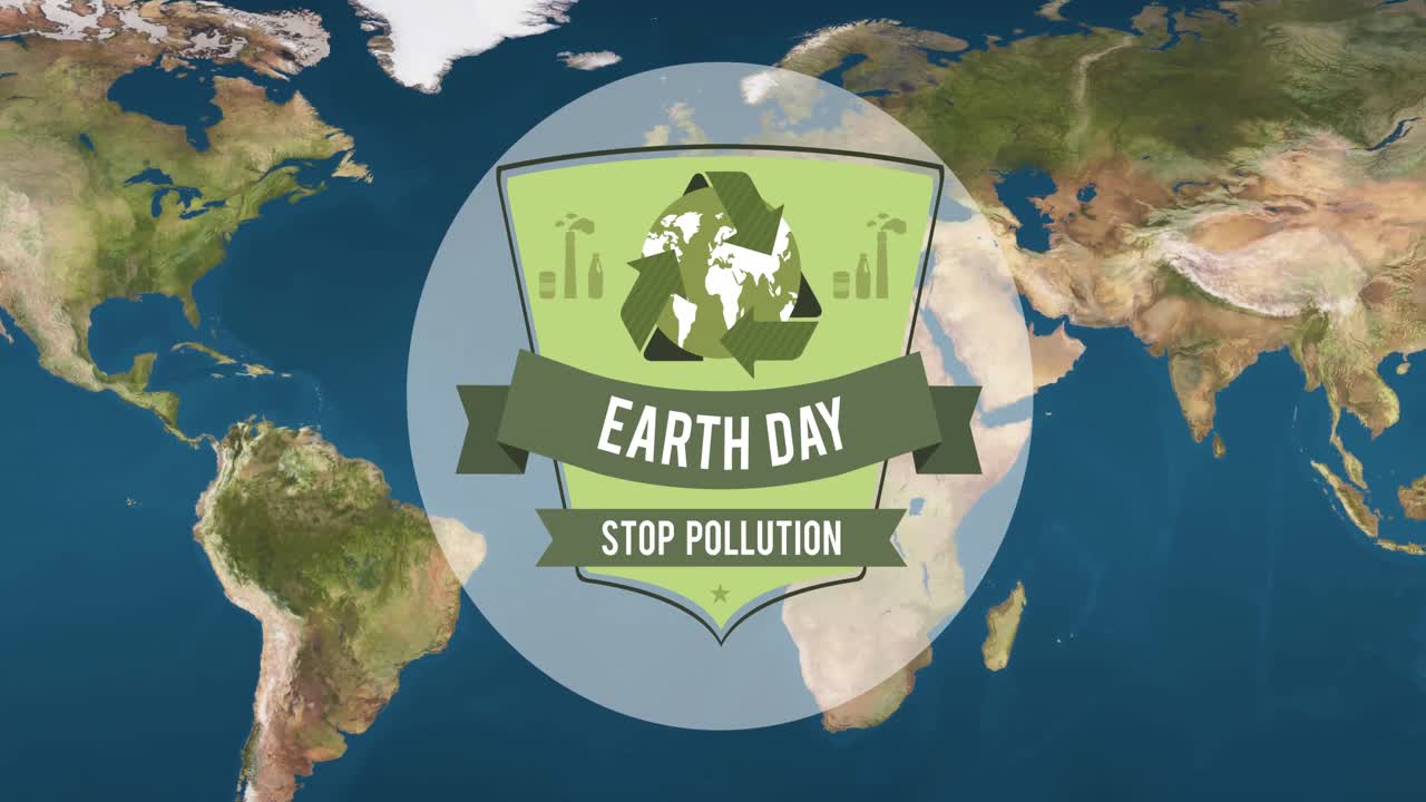 Animazione del testo 'Giornata della Terra' e del logo globale del riciclo su una mappa del mondo