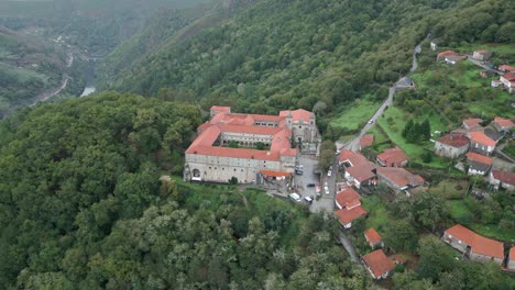 aerial footage of santo estevo monastery and sil valley, luintra, spain