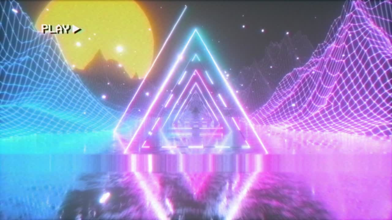 volando en un espacio retro futurista con un triángulo de neón brillante al estilo de los años 80. bucle sin costuras 3d render. el efecto de la vieja cinta de película con ruido, interferencia y distorsión.