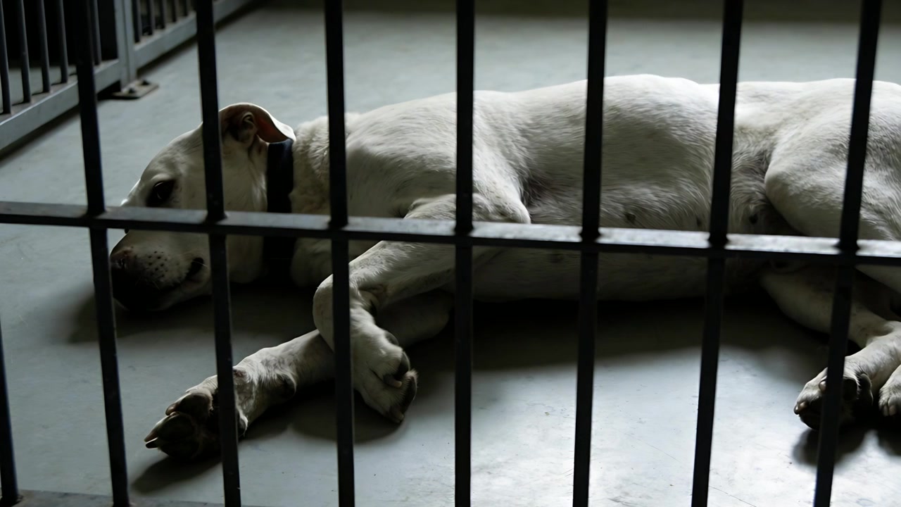 Settling white dog making paw and snout adjustments in dim kennel behind metal bars, wearing collar