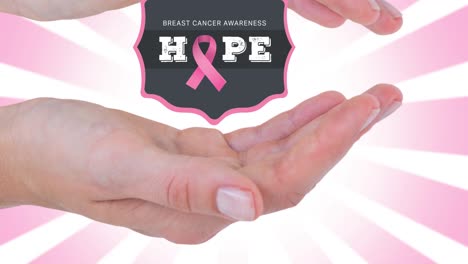 Animation-of-breast-cancer-awareness-hope-text-with-ribbon-logo-over-hands-of-woman,-on-pink-stripes