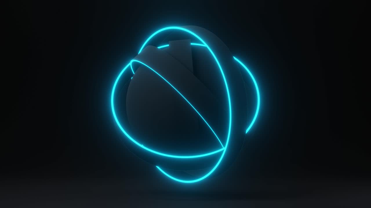 Loop animation of black rotation sphere with rotation black and neon orbits on black background. 3d render abstract animation
