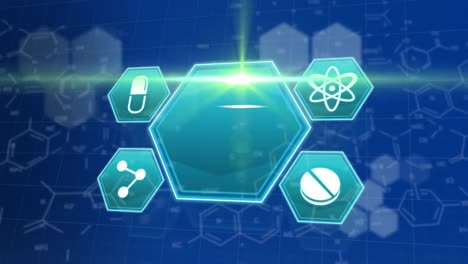 Animation-of-green-light-spot-over-multiple-medical-icons-and-chemical-structures-on-blue-background