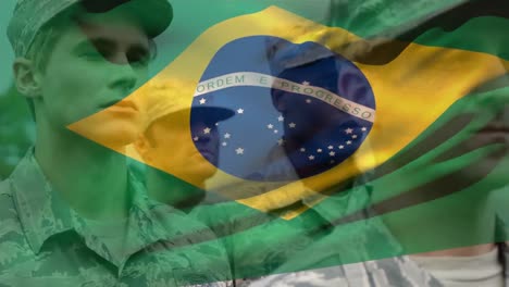 animation of flag of brazil over diverse male soldiers