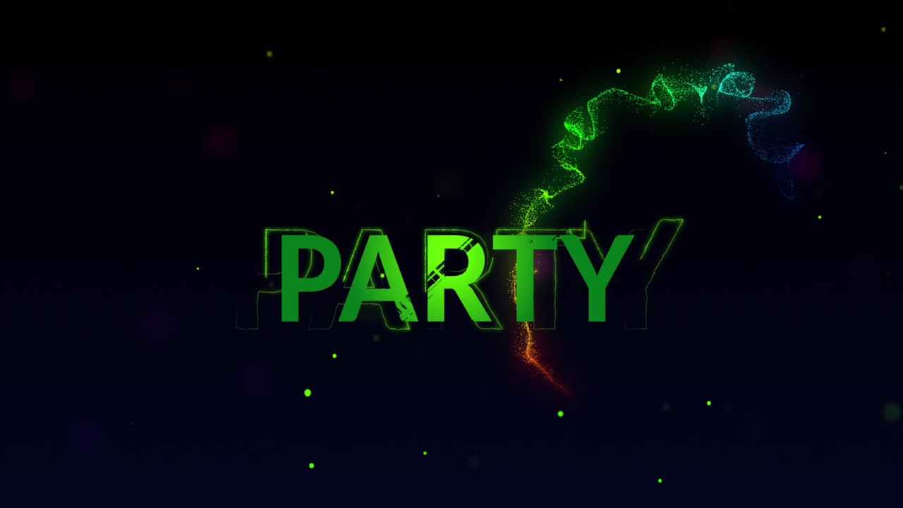 Animation of party text on black background with waves and dots