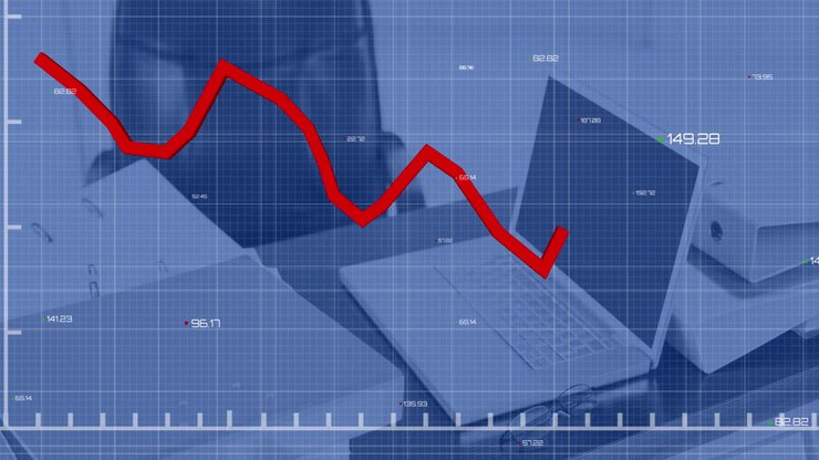Animation of statistical data processing against close up of a desk at office