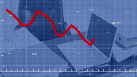 animation of statistical data processing against close up of a desk at office