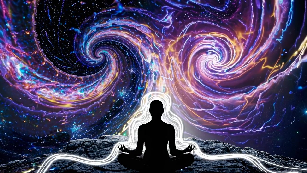 Silhouette di persona che medita su sfondo a spirale cosmica