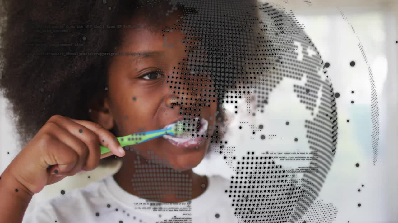Girl raising toothbrush to incisors and scrubbing teeth for health while globe graphic rotating