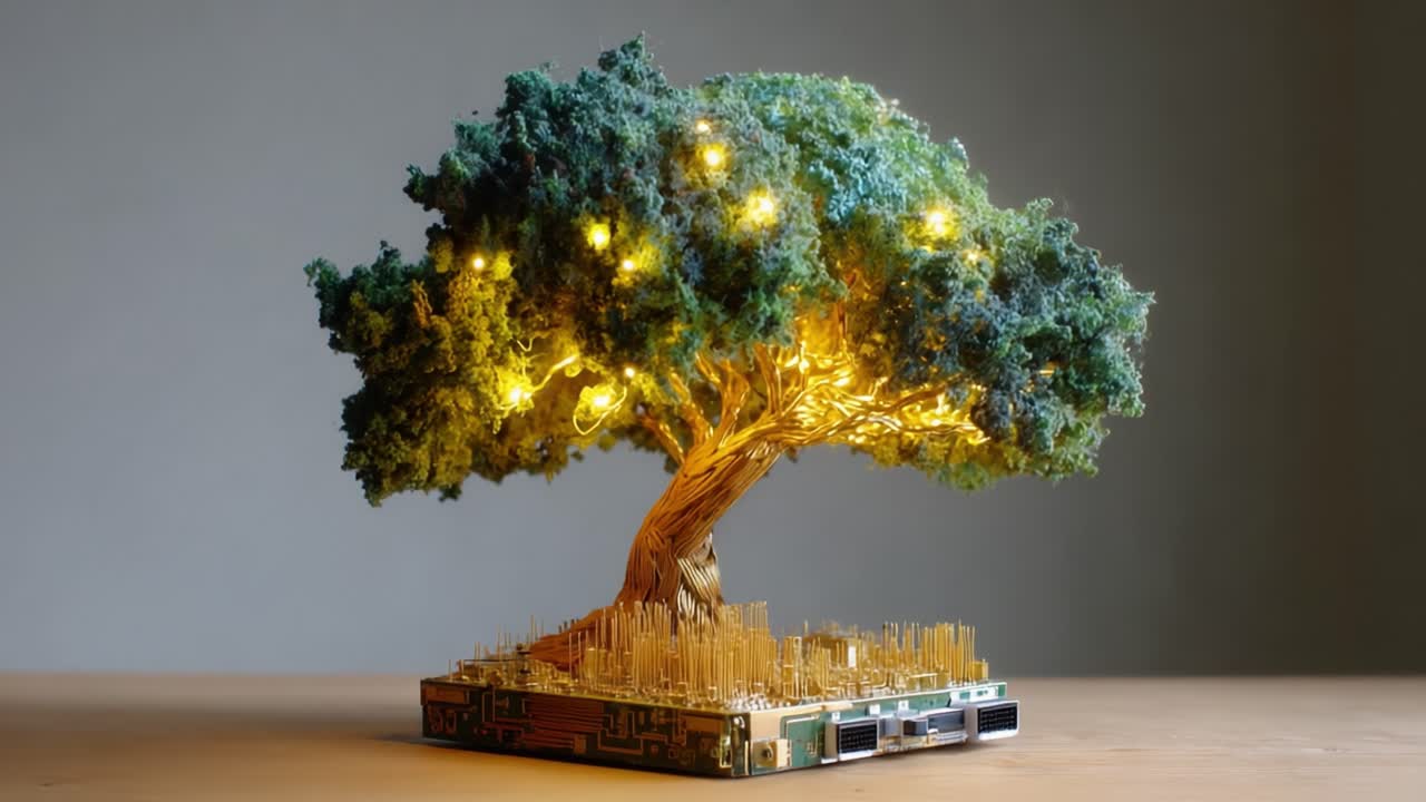 A Stunning Fusion of Nature and Technology: A Radiant Tree Model Grows From a Circuit Board Base, Illuminating the Beauty of Organic and Artificial Elements Together