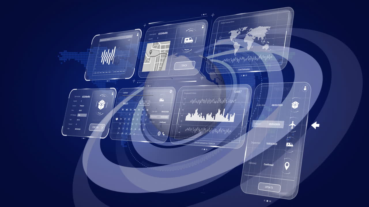 Animation of digital interface with data charts and global map over blue background