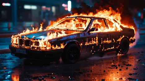 a car is engulfed by flames on the street at night