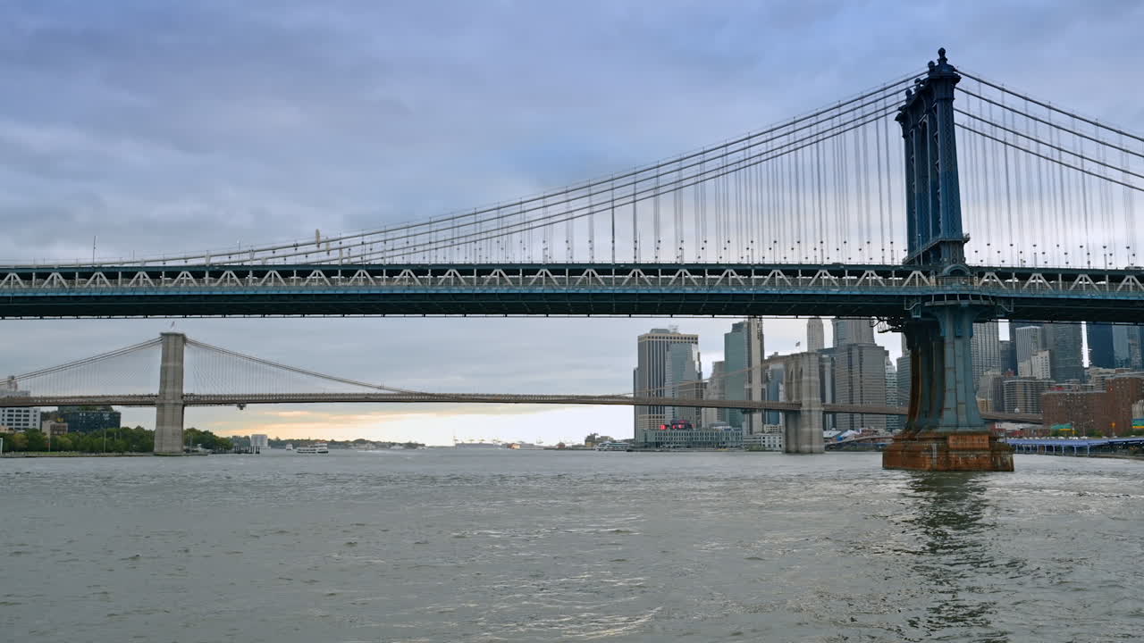 Grey cloudy day in New York, USA. Low angle view on the Manhattan Bridge and Brooklyn Bridge from the riverscape