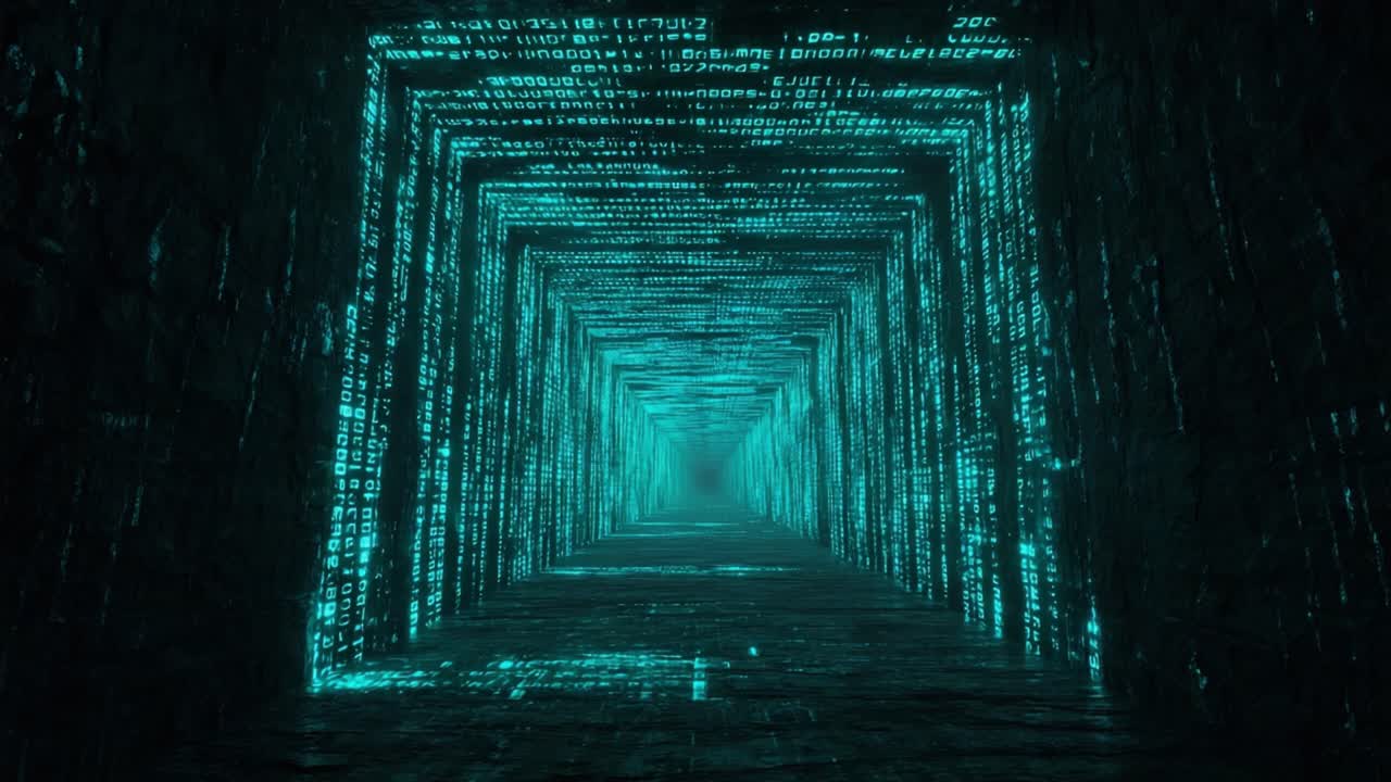 Dark, futuristic square tunnel with glowing turquoise binary code streaming along the walls, representing a journey through the digital world of data, information, and the internet