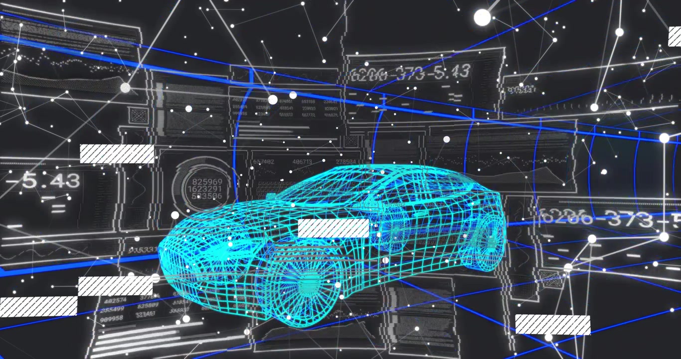 Cyan 3D car rotating while auto scan starting, panels sliding and forming network overlays over car