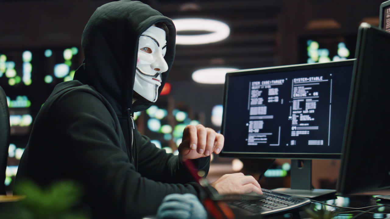 hacker anónimo rompiendo la ciberseguridad cámara oscura de primer plano. lectura cibercriminal
