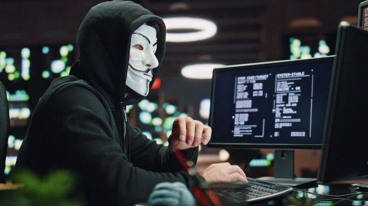 Anonymous hacker breaking cybersecurity dark room closeup. Cybercriminal reading