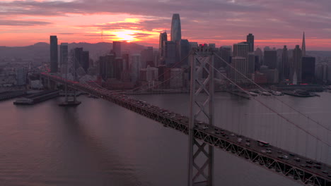 Stationary-aerial-shot-of-San-Francisco-city-and-bay-bridge-at-sunset