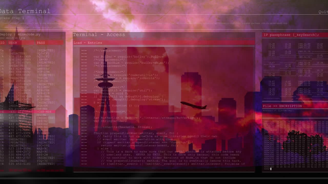 배경에서 도시 풍경 위를 날아가는 비행기에 대한 데이터 처리