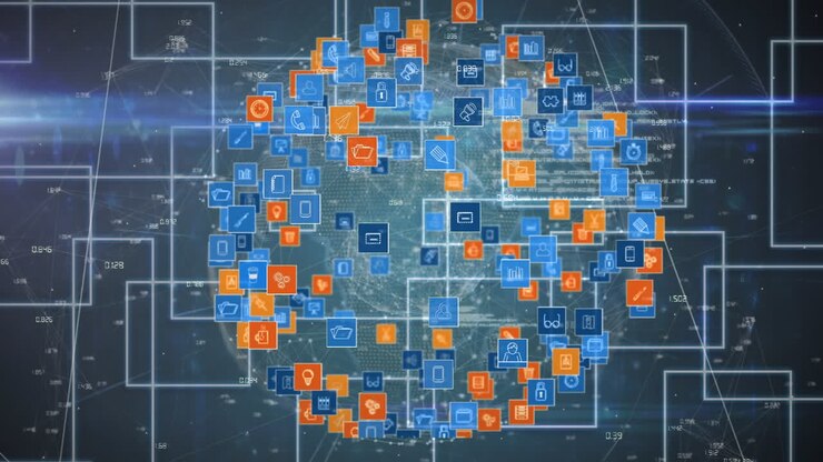 Animation of globe made of technological icons spinning over blue squares
