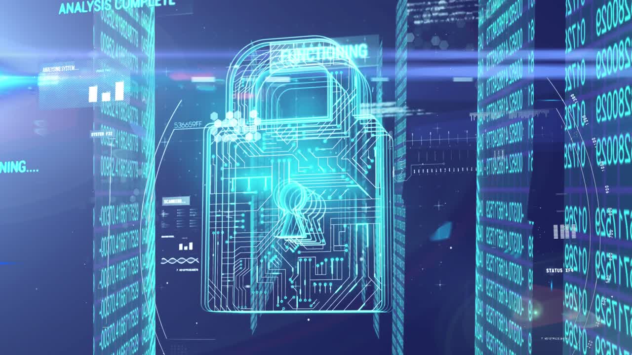Animation of online security padlock and data processing