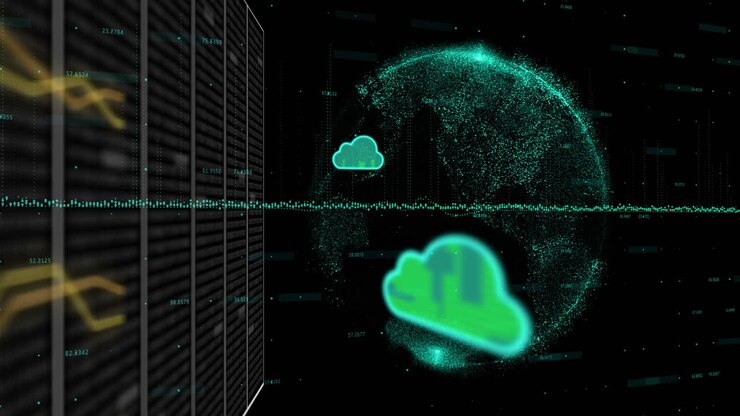 Animation of cloud icons and data processing over globe
