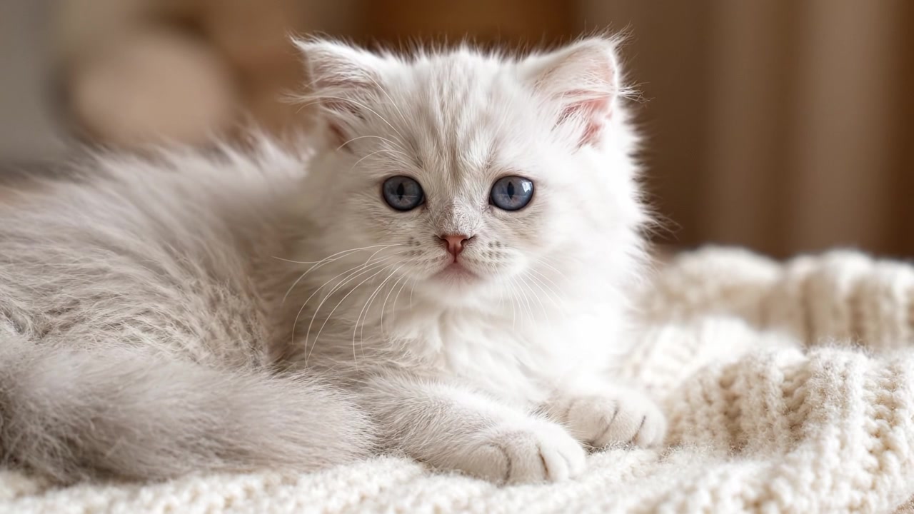 Gatinho Fofo Adorável e Brincalhão com Olhos Azuis Deslumbrantes Sentado em um Cobertor de Tricô Aconchegante, Capturando a Essência da Inocência e Fofura
