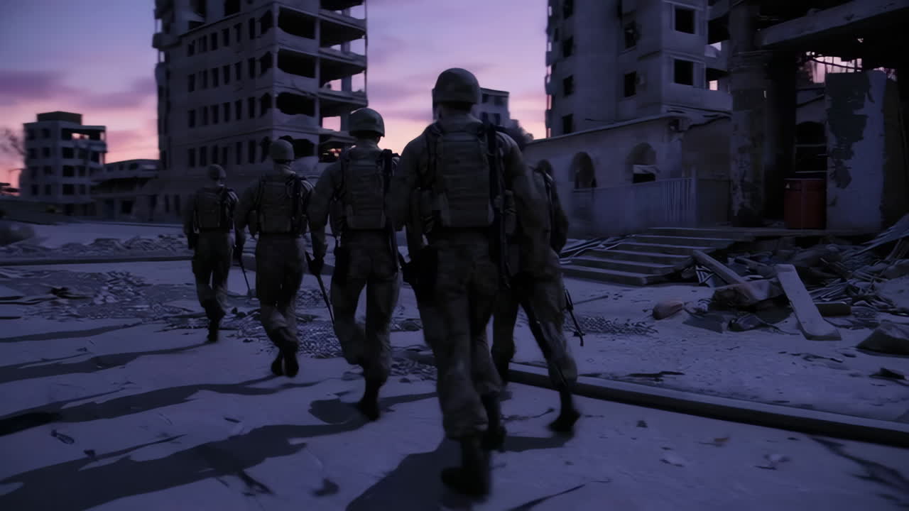 Soldiers Patrol a War-Torn City at Dusk