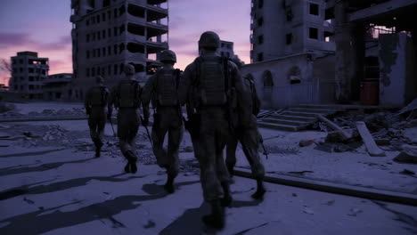 soldiers patrol a war-torn city at dusk