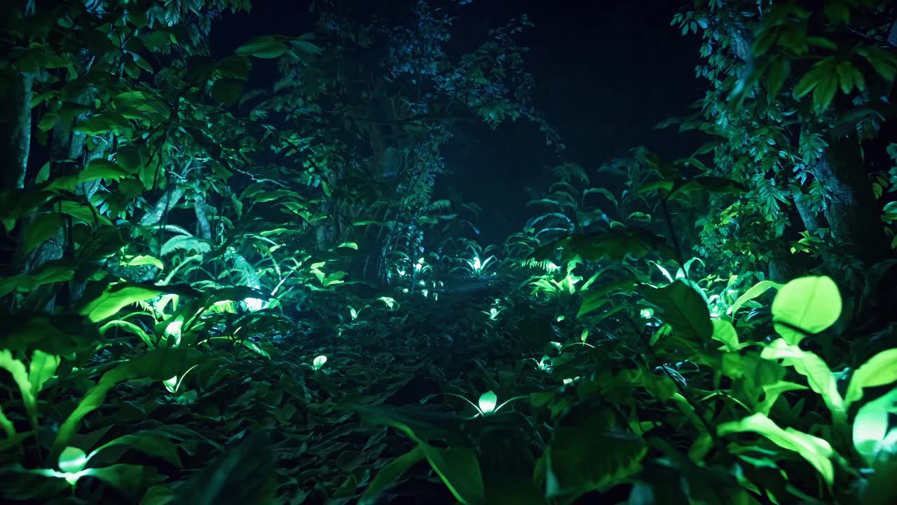 A mystical forest scene with glowing plants, captured from a low-angle