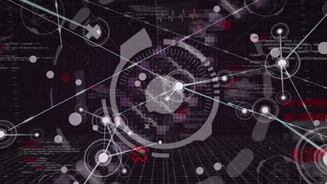 animation of scope scanning, network of connections and data processing over black background