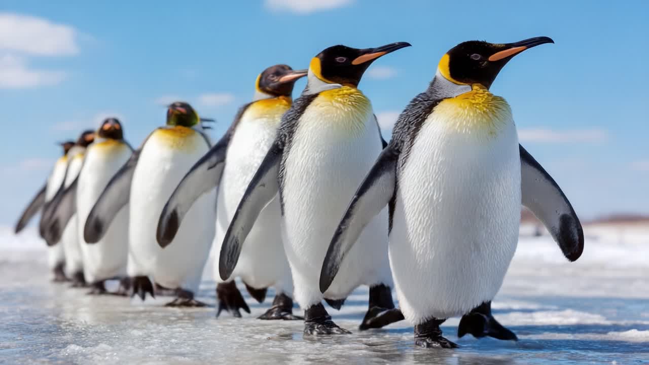 A Charming Group of King Penguins Walks in Unison Across the Icy Landscape, Showcasing Their Unique Colors and Texture Against the Beautiful Blue Sky