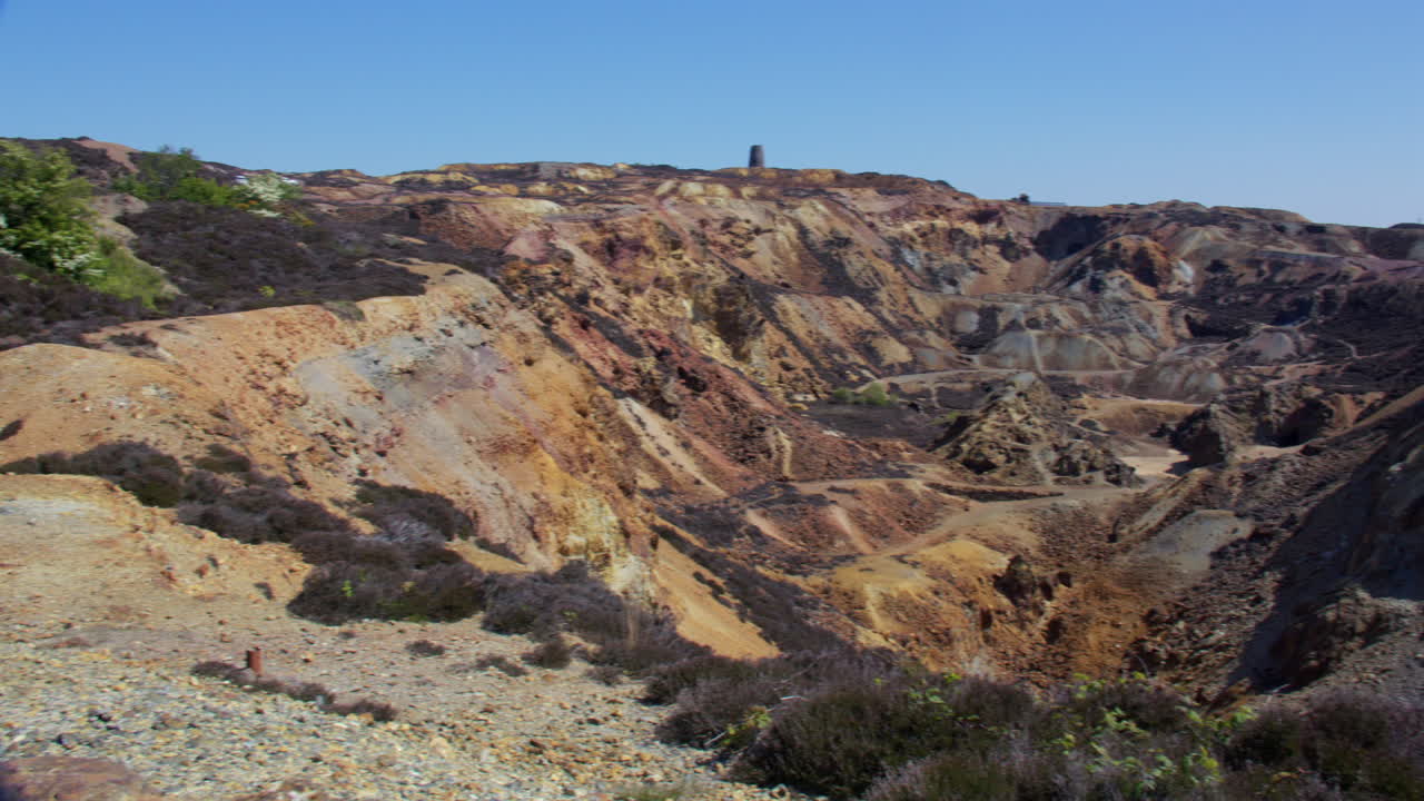 Extra Wide panning shot looking up the Great opencast mine at mynydd parys mountain copper mine