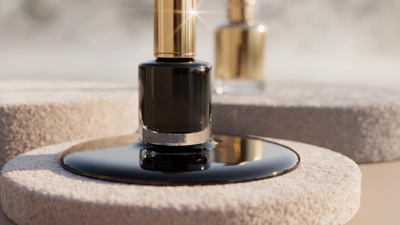 Elegant Black Nail Polish Presentation on Textured Surfaces Highlighting Beauty and Artistry in Cosmetic Design Captured in Two Captivating Frames