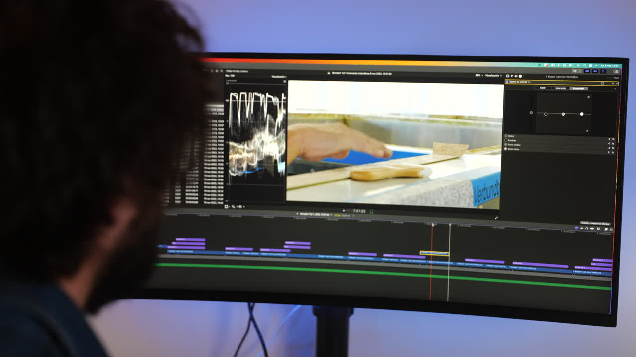 toma por encima del hombro del metraje de trabajo del editor de video del creador de contenido en posproducción