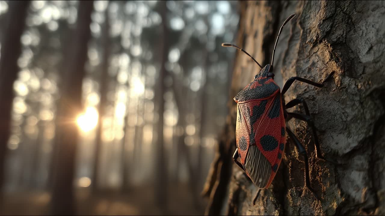 Close-Up of a Colorful Insect Climbing a Tree Bark in a Sunlit Forest, Showcasing the Vibrant Patterns and Natural Habitat of the Bug During Evening Light