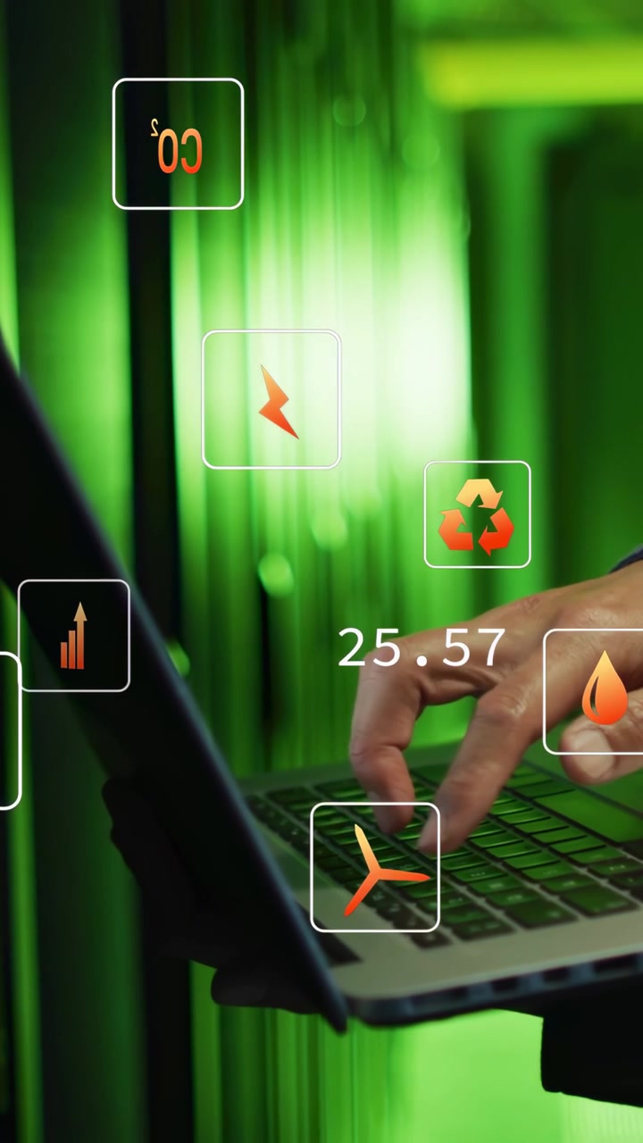 Video verticale: Mano dell'utente che digita sul laptop, icone di CO2 e vento che si spostano, numeri che si aggiornano per l'energia.