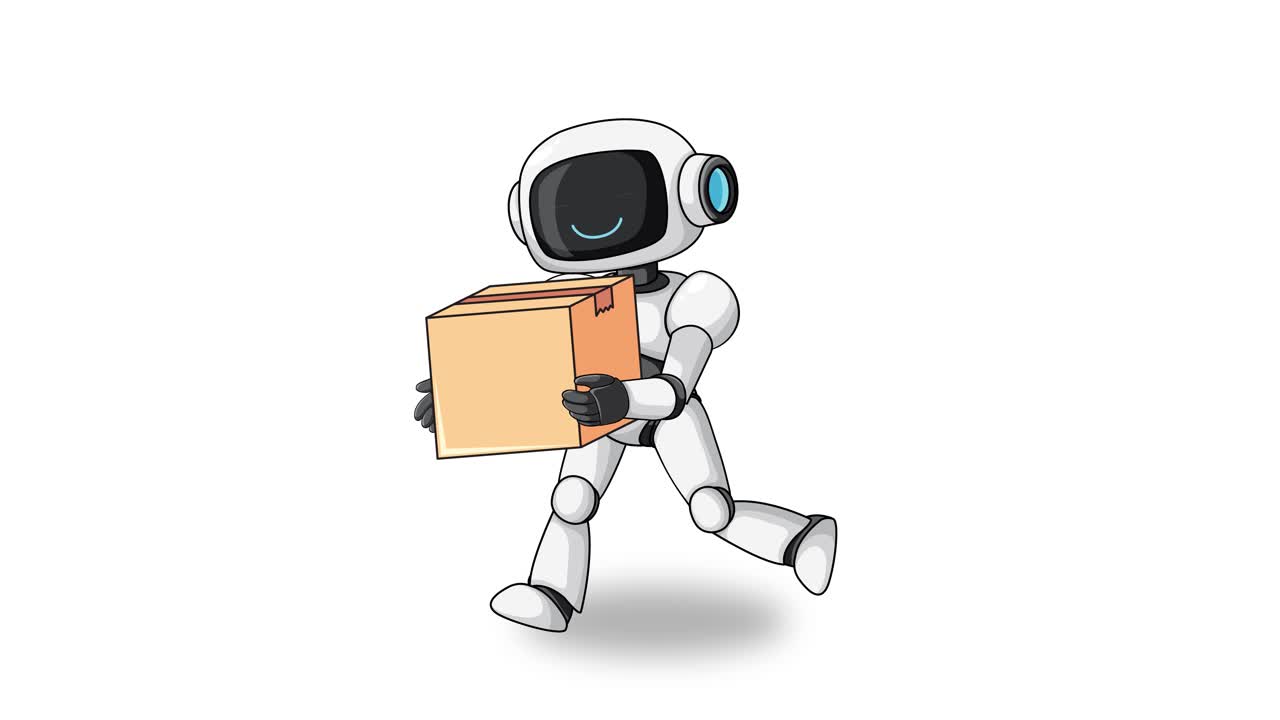 Simpatico robot dei cartoni animati cammina fluidamente tenendo una scatola di cartone, sfondo bianco, loop di animazione con vista laterale
