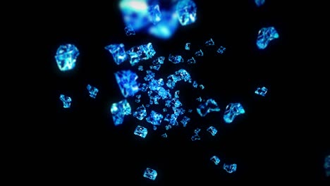 volando muchos cubos de hielo limpios sobre un fondo negro. piezas de hielo triturado, agua natural. animación 3d de hiela triturada girando. animación de bucle.