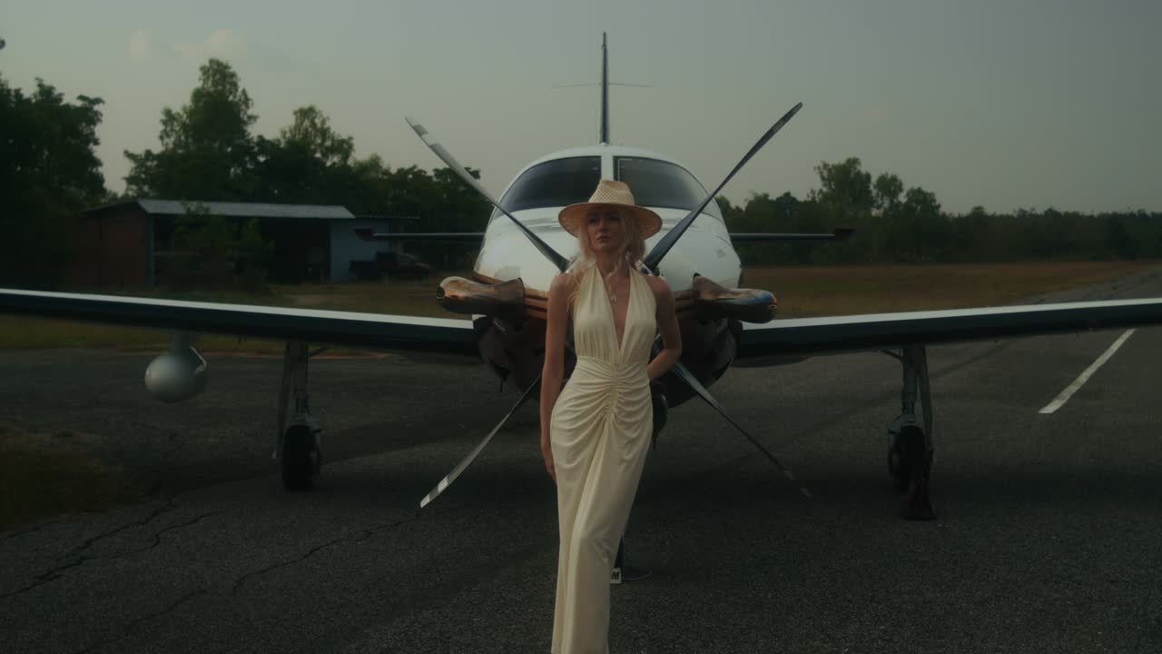 Woman in a dress in front of a private jet at an airport