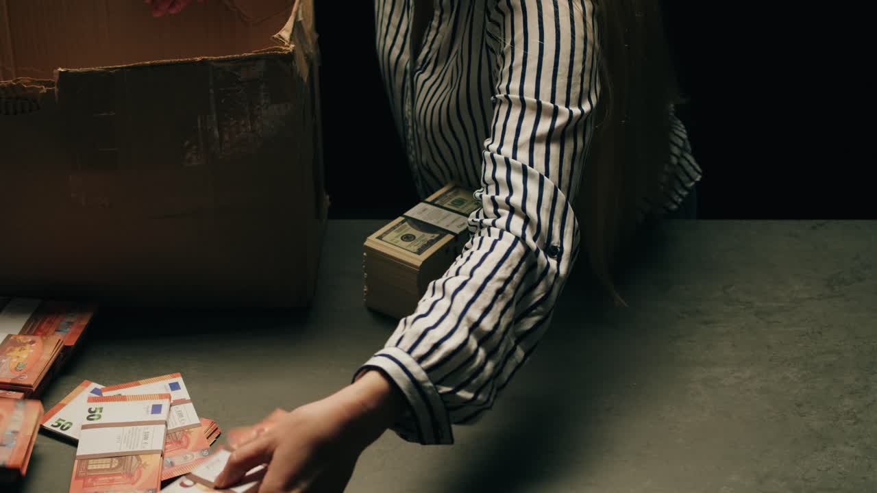 Specialised police officer Counting dollar banknotes in crime lab, conceptual image. High quality 4k footage